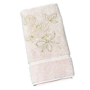 Vintage Cannon cotton terry bath mat pink embroidered gold roses cottagecore